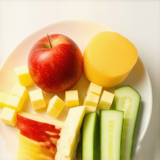 Healthy Dental-Friendly Snack Plate A variety of tooth-healthy snacks including apples, cheese, and cucumbers on a wooden board.