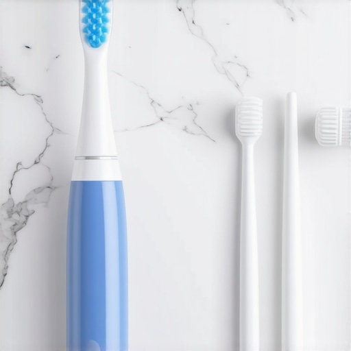 Close up of a pressure sensing electric toothbrush and interdental cleaning brushes for crown maintenance.