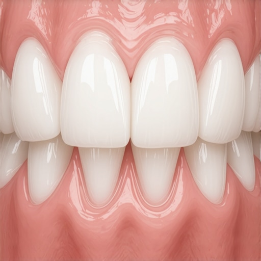 Close-up of a seamless ceramic dental crown next to natural teeth.