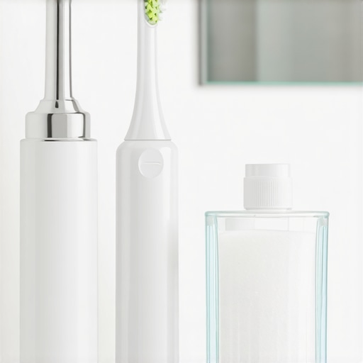 Home Dental Care Tools for Acid Reflux An electric toothbrush and neutralizing mouthwash on a clean bathroom counter