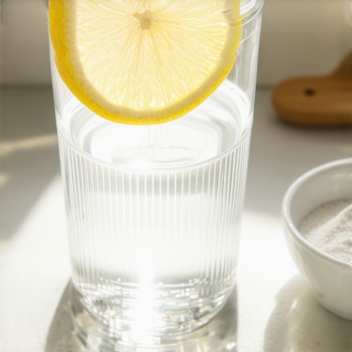 Glass of lemon water and tongue scraper for post-op oral care