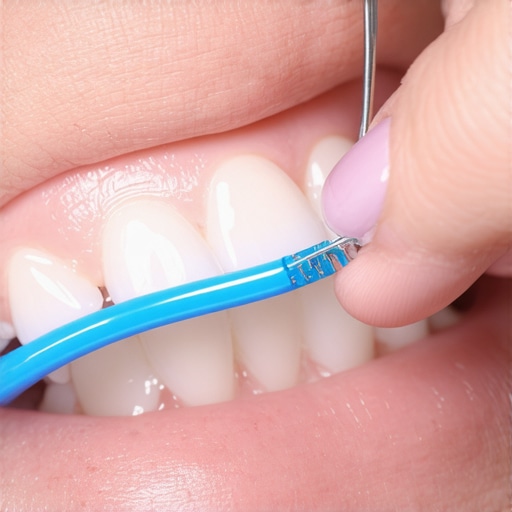 How to use a floss threader with a permanent retainer Close-up of dental floss threader being used under a permanent lingual retainer wire