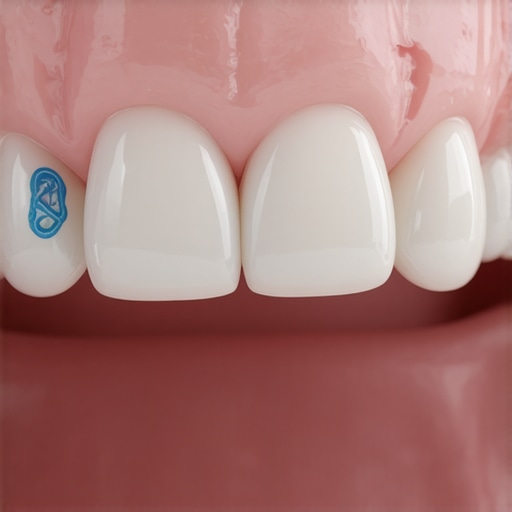 A close-up view of a flat blue-grey spot on the gum tissue near a silver filling.