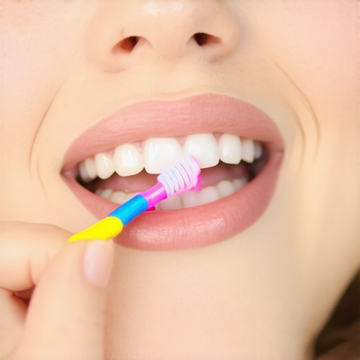 Close up of person using an interdental brush correctly
