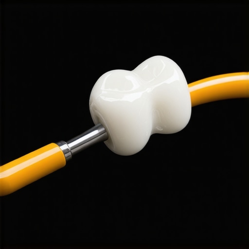 Close-up of an interdental brush being used to clean the space between a dental crown and the gums for better oral hygiene.