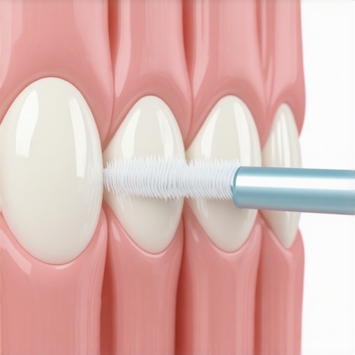 Interdental brush cleaning crown margin Close-up of interdental brush used for dental crown maintenance