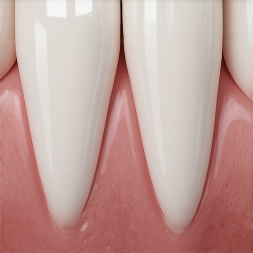 Close-up showing the margin of a dental crown where it meets the gum line, illustrating potential areas for bacterial buildup.