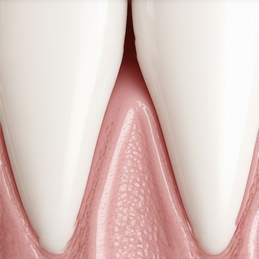 Close up of a dental crown margin and healthy gums showing proper maintenance.