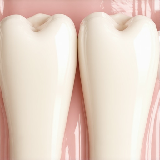 Close up of a dental crown and healthy pink gums.