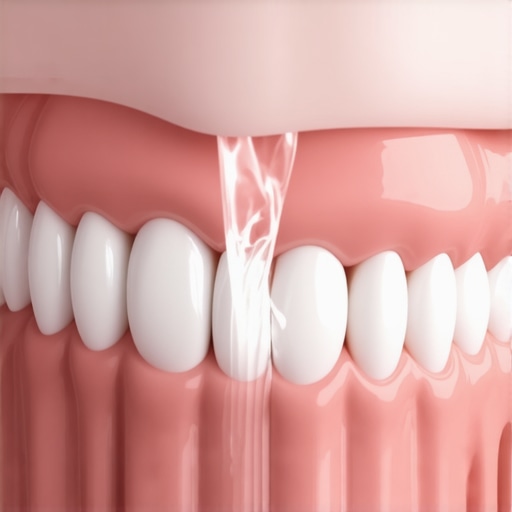 A close-up view of a water flosser cleaning a dental crown to prevent plaque buildup.