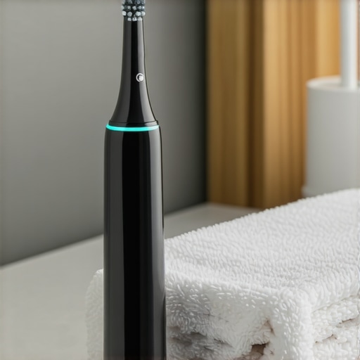 A clean, dry electric toothbrush disassembled on a bathroom vanity