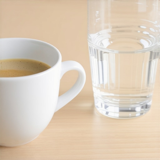 A cup of coffee next to a glass of water to prevent tooth staining.