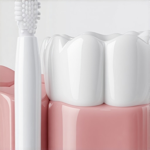 A close-up view of a well-maintained porcelain dental crown and a soft toothbrush.