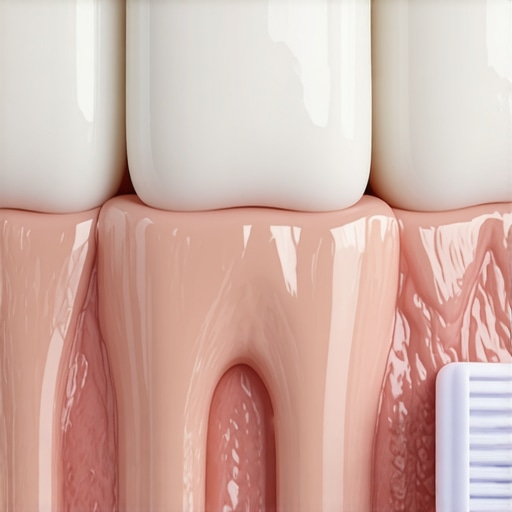 Macro view of dental bridge gum line and toothbrush