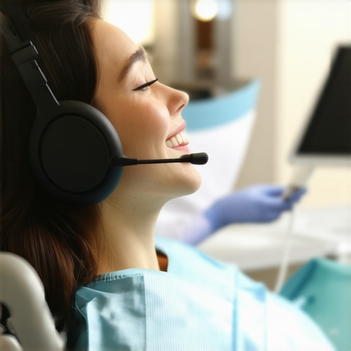 A patient using noise-canceling headphones to stay calm during a dental procedure.