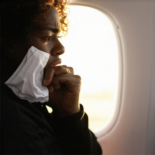 Managing In-Flight Tooth Pain with a Cold Compress An airplane passenger using a cold compress for an emergency toothache during a flight.