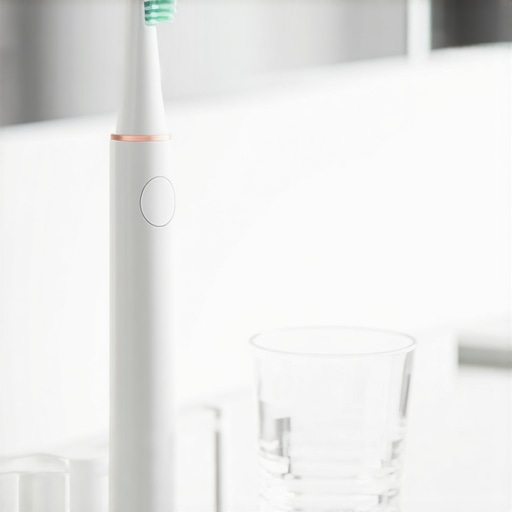 A soft-bristled toothbrush and water glass on a clean vanity.