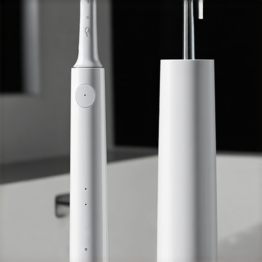 Modern Dental Maintenance Toolkit A high-tech electric toothbrush and water flosser on a bathroom counter representing advanced oral hygiene.