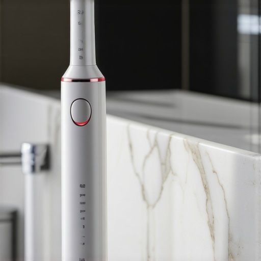 An electric toothbrush and water flosser on a bathroom counter representing advanced oral health care.