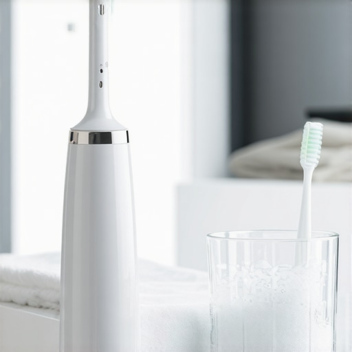 A water flosser and electric toothbrush on a bathroom counter representing advanced oral hygiene.