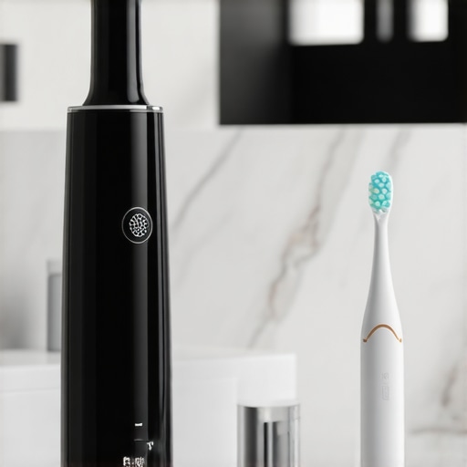 A cordless water flosser and electric toothbrush on a bathroom vanity.