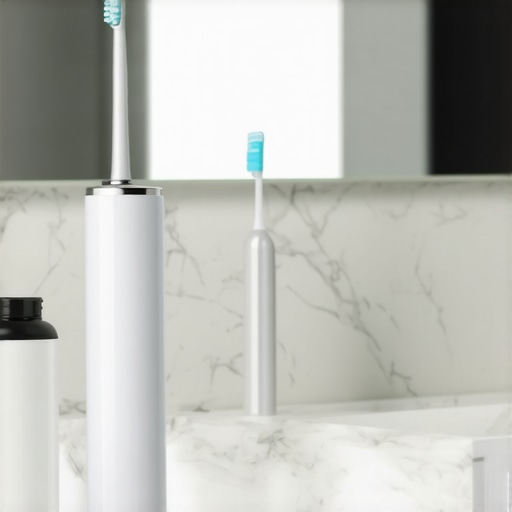 An electric toothbrush and water flosser on a bathroom counter