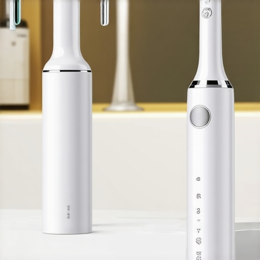 Close-up of a water flosser and electric toothbrush for crown care.