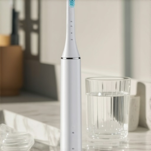 Modern Dental Maintenance Tools Close up of an electric toothbrush and dental night guard on a bathroom counter