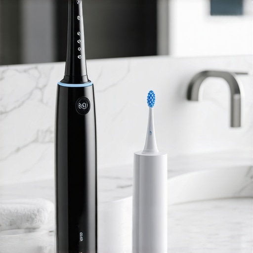 Modern Dental Maintenance Tools Electric toothbrush and water flosser on a bathroom counter