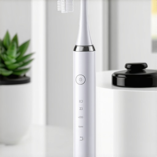 A collection of advanced dental cleaning tools including an electric toothbrush and tongue scraper on a clean bathroom counter.