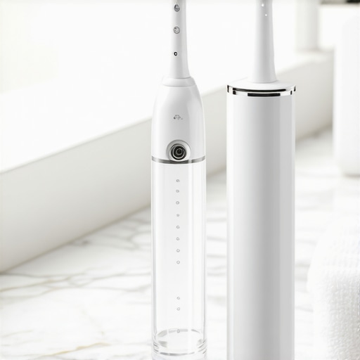 A water flosser and electric toothbrush on a bathroom counter