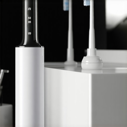 Modern Dental Tools for Home Care A cordless water flosser and electric toothbrush on a bathroom counter.