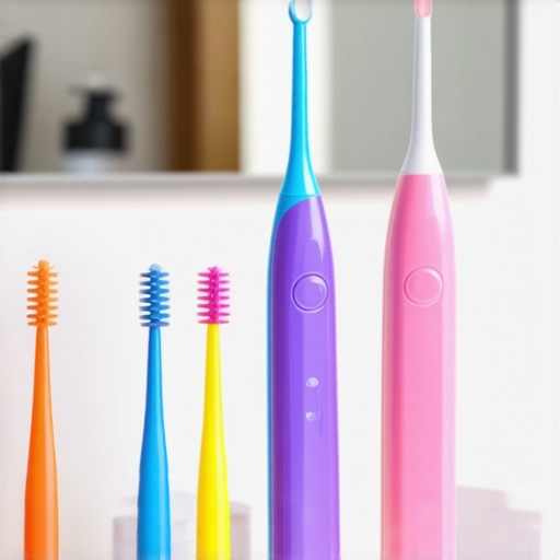 A variety of colorful interdental brushes and a water flosser on a bathroom counter.