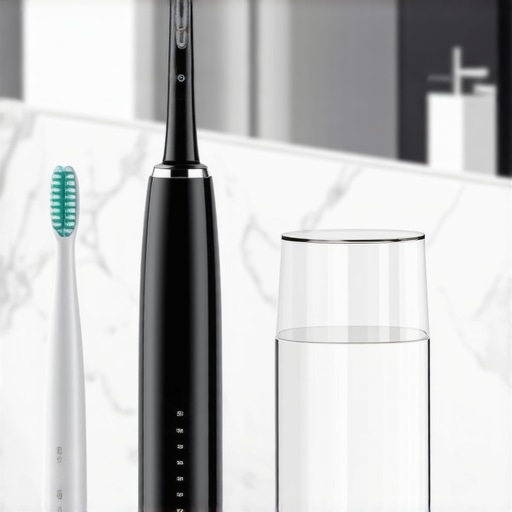 Modern Oral Health Maintenance Tools High-tech dental tools including a water flosser and electric toothbrush for crown maintenance