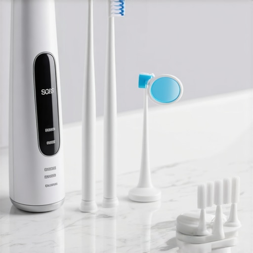 A collection of water flossers and interdental brushes on a bathroom vanity.