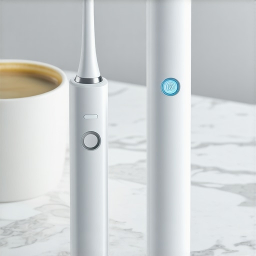 Electric toothbrush and water flosser for dental maintenance next to a coffee cup