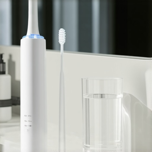 Electric toothbrush and water flosser on a bathroom counter for crown care