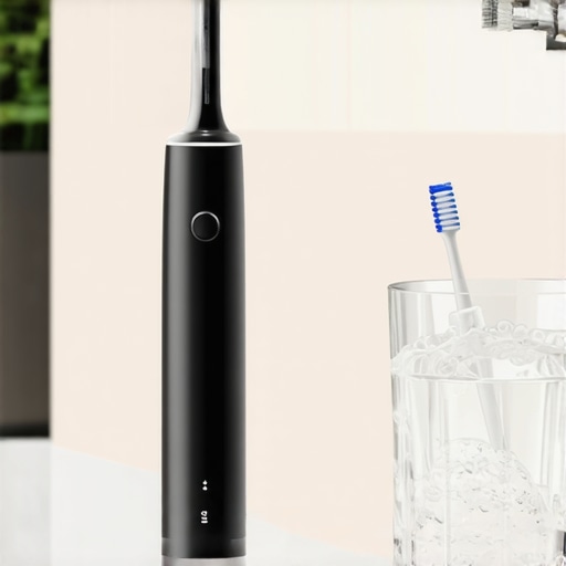 High-end electric toothbrush and water flosser on a bathroom counter for crown maintenance