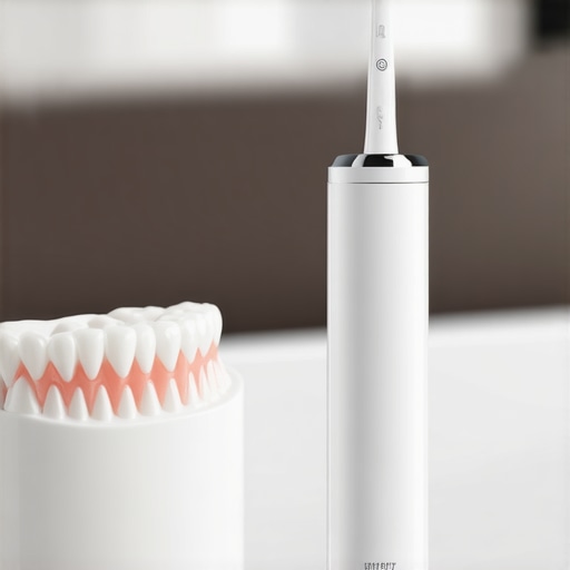 High-tech water flosser and dental crown model on a bathroom counter.