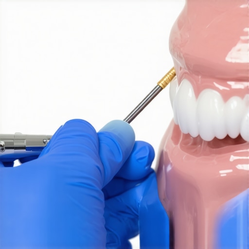 An ultrasonic dental scaler showing the fine mist used to disrupt biofilm for advanced teeth cleaning.