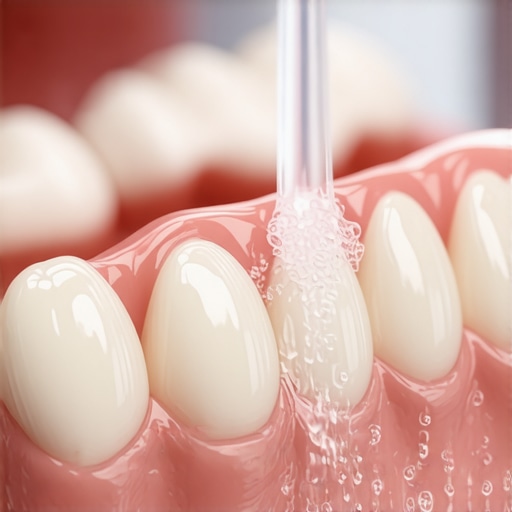 Modern Water Flosser Cleaning Dental Crown Water flosser cleaning a dental crown at the gum line to prevent sensitivity and plaque buildup.