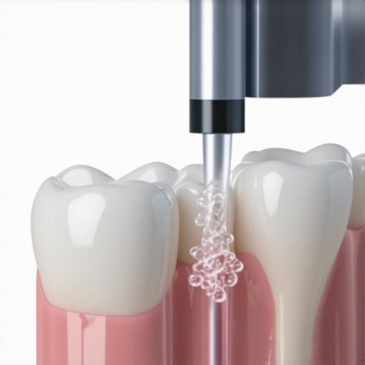 Close-up of water flosser cleaning a dental crown margin for oral health maintenance