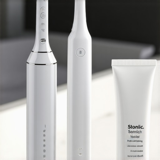A sonic electric toothbrush and water flosser on a clean bathroom counter