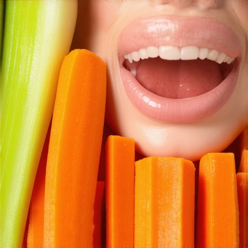 Natural Nutrition for Healthy Gums Close up of healthy pink gums and fibrous vegetables that stimulate blood flow.