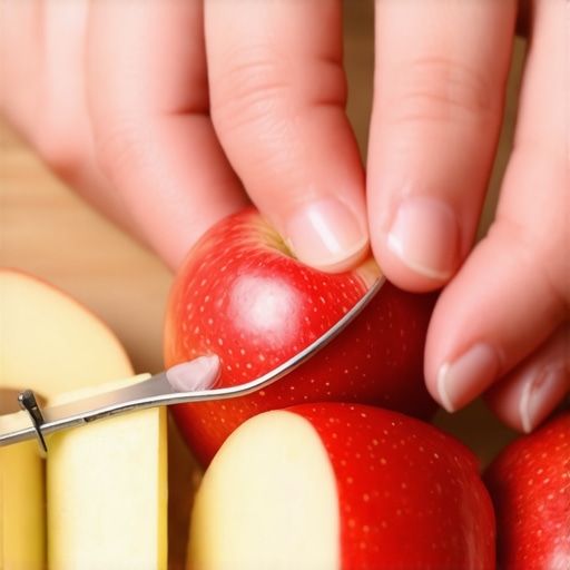 A person peeling an apple to remove pollen proteins that cause itchy gums and oral allergy syndrome