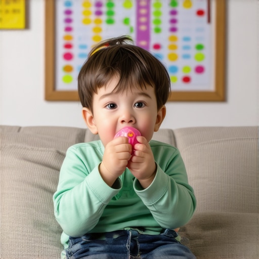 A child using a fidget toy and a sticker reward chart to stop thumb sucking habit.