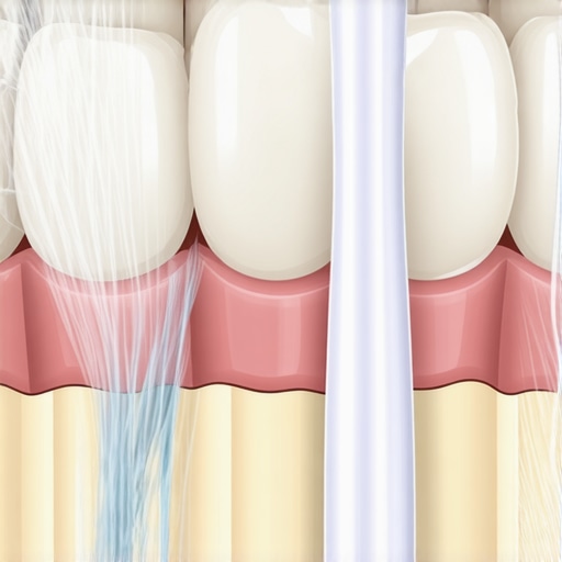 A round electric toothbrush head cleaning the margins of a dental bridge.