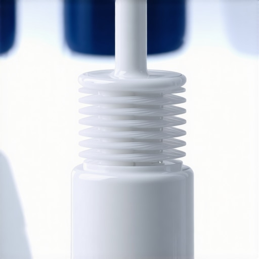 Close-up of an end-tufted toothbrush cleaning the gum line of a dental crown