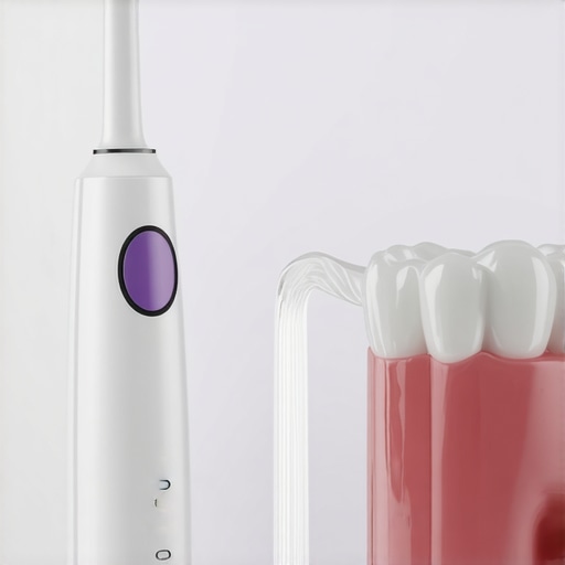 A person using a water flosser to clean the edges of a dental crown to maintain oral health.