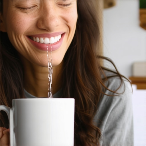 Preventing Coffee Stains Naturally Person rinsing mouth with water to prevent tooth stains after coffee.